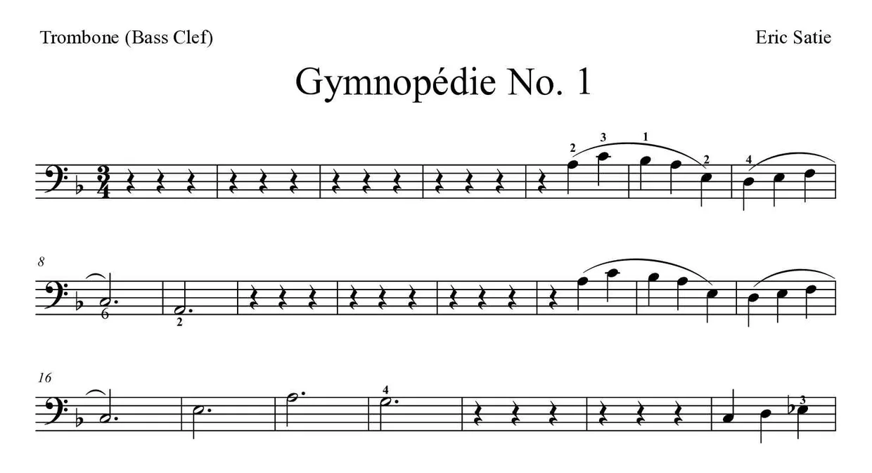 Noten von Gymnopédie Nr. 1 für Posaune (Mittel), erste Zeilen