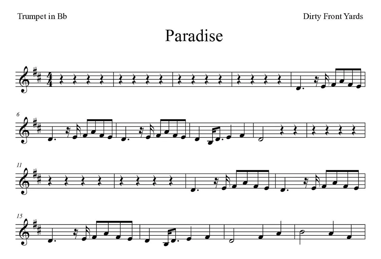 ‘Paradise’ Trumpet in Bb 악보의 첫 몇 줄