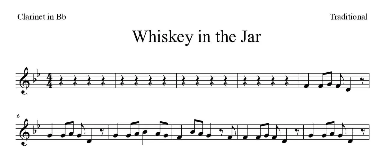 Noten von Whiskey in the Jar für Klarinette (Mittel), erste Zeilen