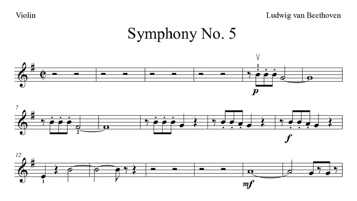Partitura de Symphony No. 5 para violín, primeras líneas