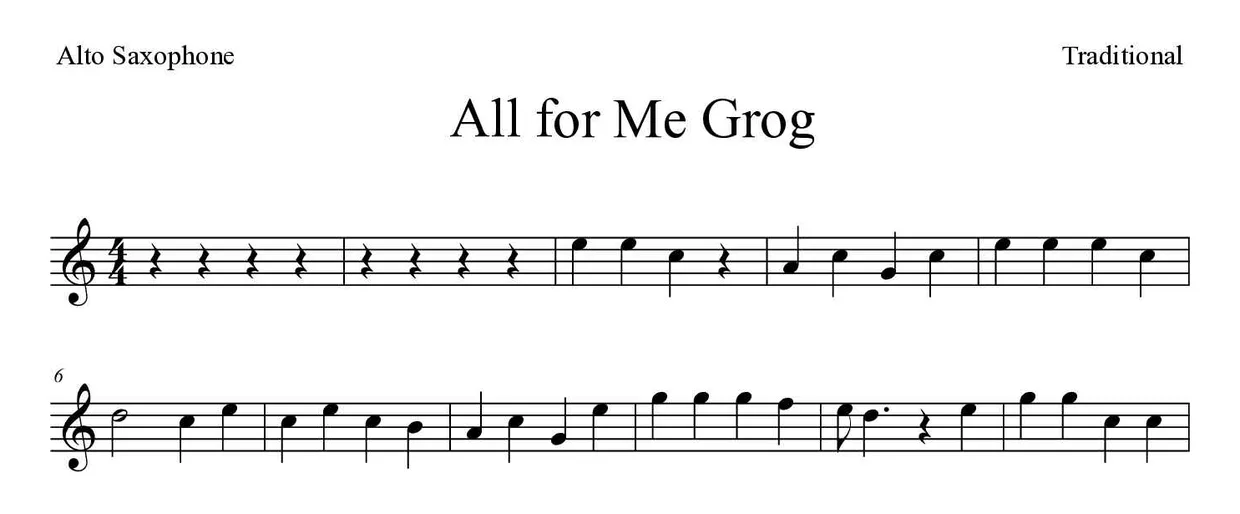 「All for Me Grog」Alto Saxophone用楽譜の最初の数段