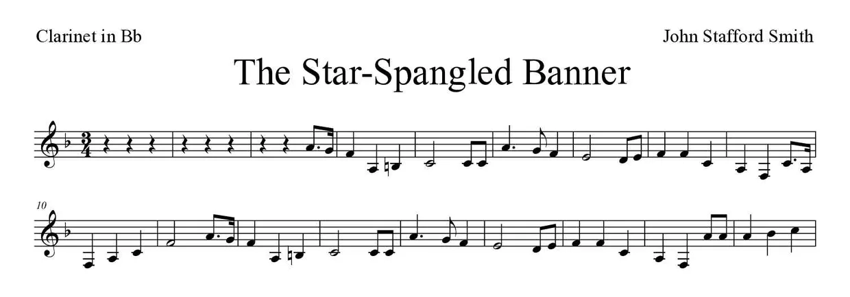 Noten von The Star-Spangled Banner für Klarinette (Mittel), erste Zeilen