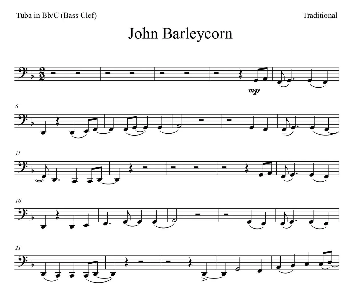 「John Barleycorn」Tuba in Bb/C (Bass Clef)用楽譜の最初の数段
