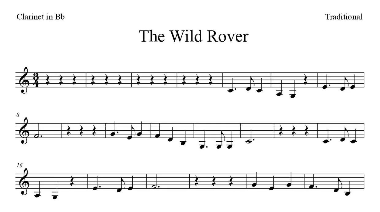 Noten von The Wild Rover für Klarinette (Einfach), erste Zeilen