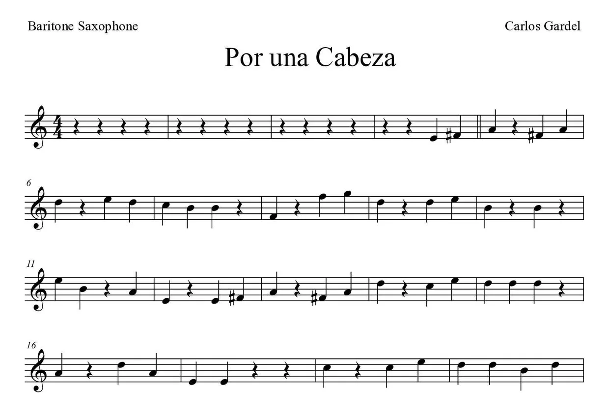 Partitura de Por una Cabeza para saxofone barítono, primeiras linhas