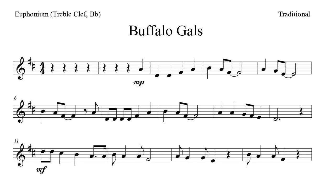 Noten von Buffalo Gals für Euphonium (Violinschlüssel, B) (Mittel), erste Zeilen