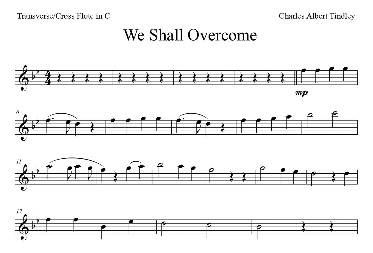 Sheet music of We Shall Overcome for flute (Medium), first lines