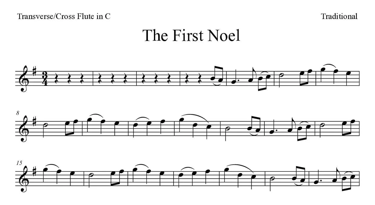 Sheet music of The First Noel for flute (Easy), first lines