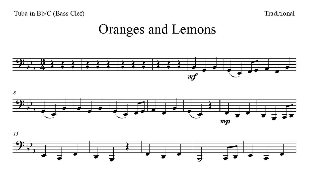 《Oranges and Lemons》降B/C调大号（低音谱号）乐谱前几行