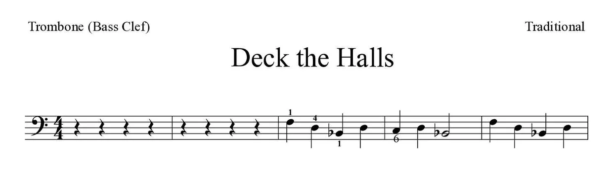 Partitura de Deck the Halls para trombone, primeiras linhas