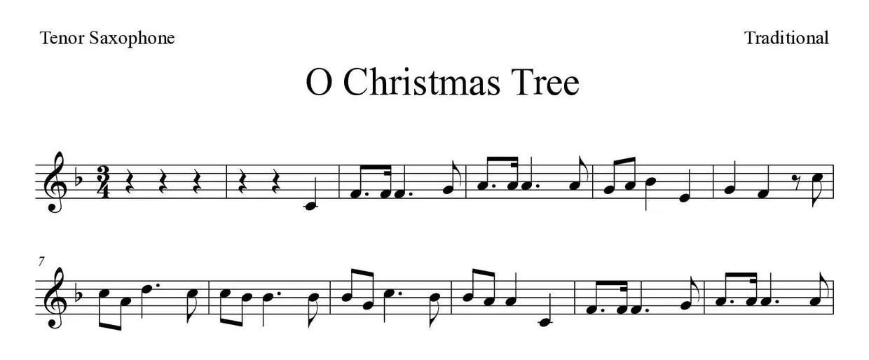 Noten von O Tannenbaum für Tenorsaxophon (Mittel), erste Zeilen