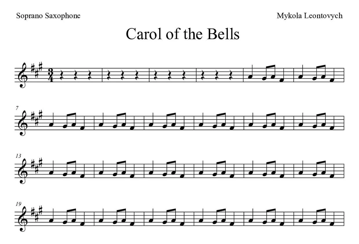 Spartito di Carol of the Bells per soprano saxophone, prime righe