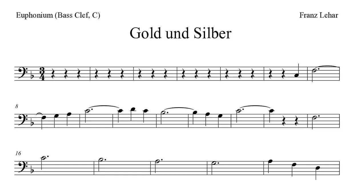 「Gold und Silber」Euphonium (Bass Clef, C)用楽譜の最初の数段