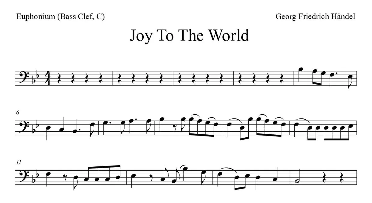 「Joy to the World」Euphonium (Bass Clef, C)用楽譜の最初の数段