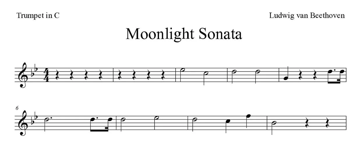 Sheet music of Moonlight Sonata for trumpet in C (Hard), first lines