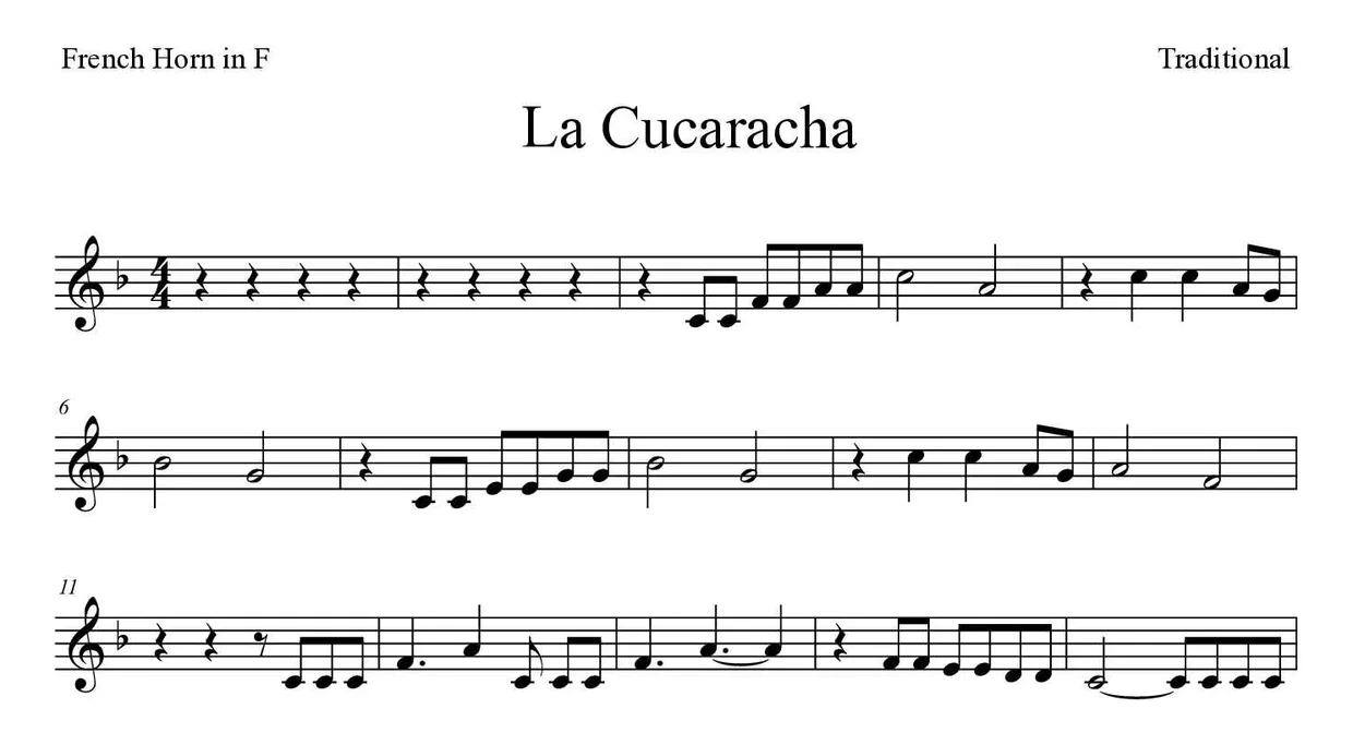 Partition de La Cucaracha pour cor d'harmonie, premières lignes