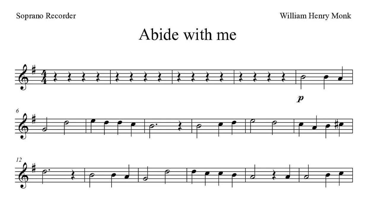 Sheet music of Abide with me for recorder (Medium), first lines