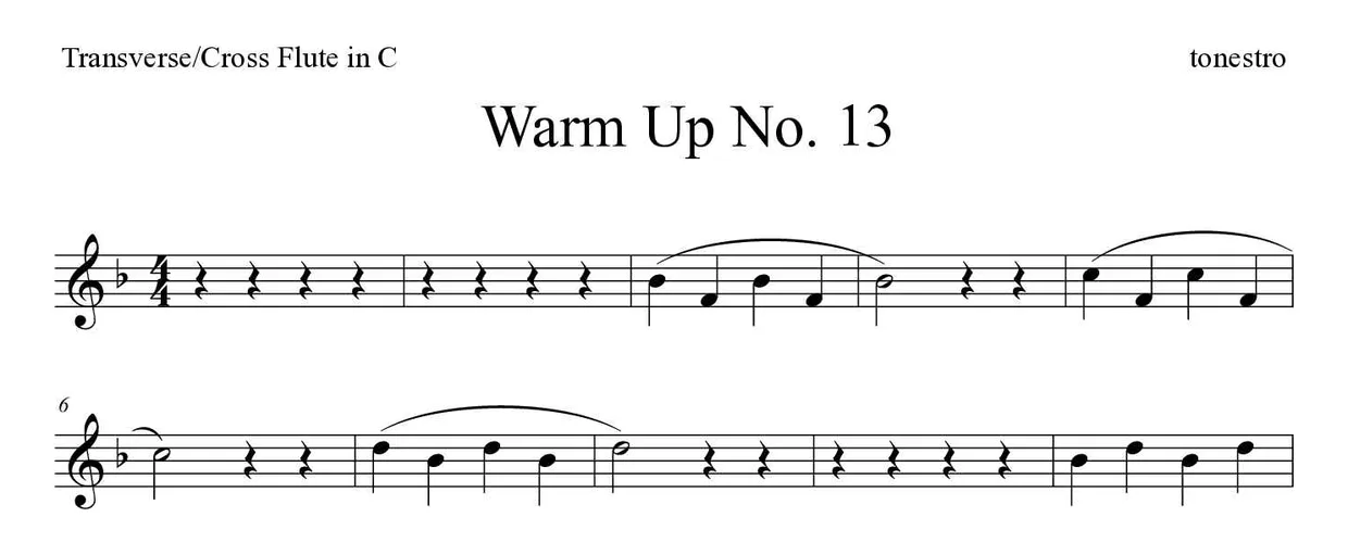 Sheet music of Warm Up No. 13 for flute (Easy), first lines