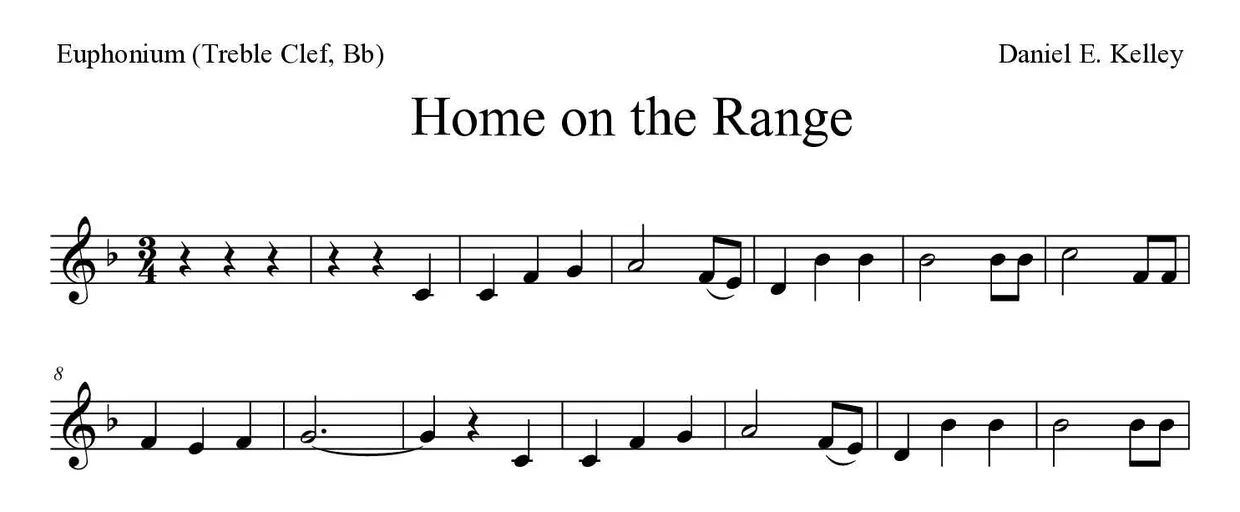 ‘Home on the Range’ Euphonium (Treble Clef, Bb) 악보의 첫 몇 줄