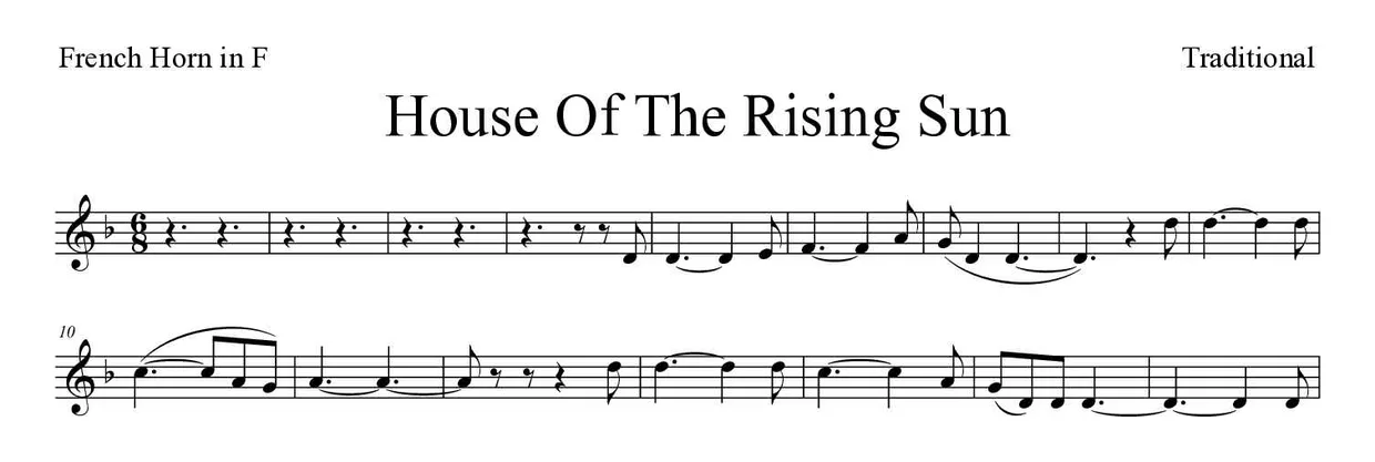 Bladmuziek van House Of The Rising Sun voor French horn, eerste regels