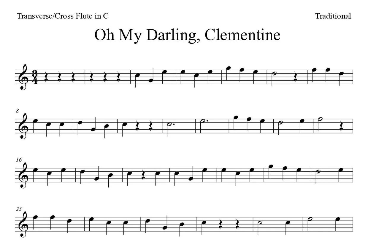 ‘Oh My Darling, Clementine’ Flute 악보의 첫 몇 줄