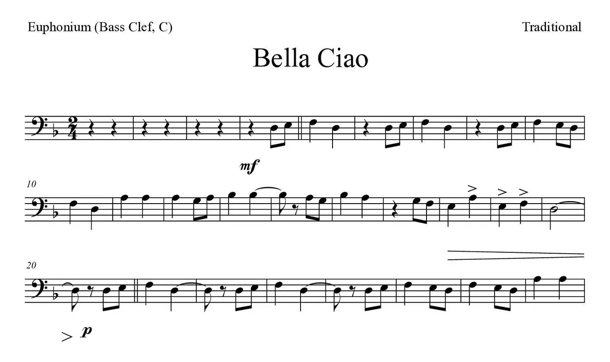 ‘Bella Ciao’ Euphonium (Bass Clef, C) 악보의 첫 몇 줄
