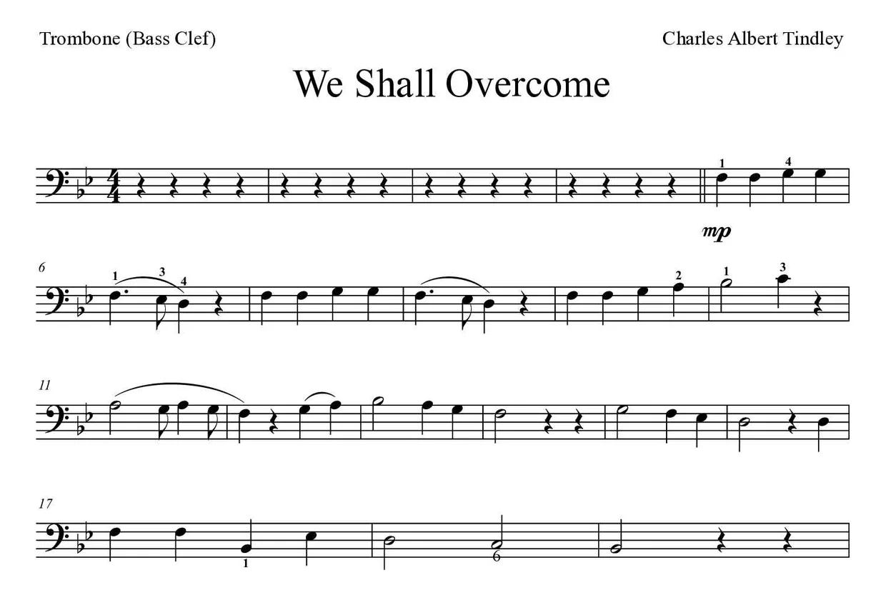 Sheet music of We Shall Overcome for trombone (Medium), first lines