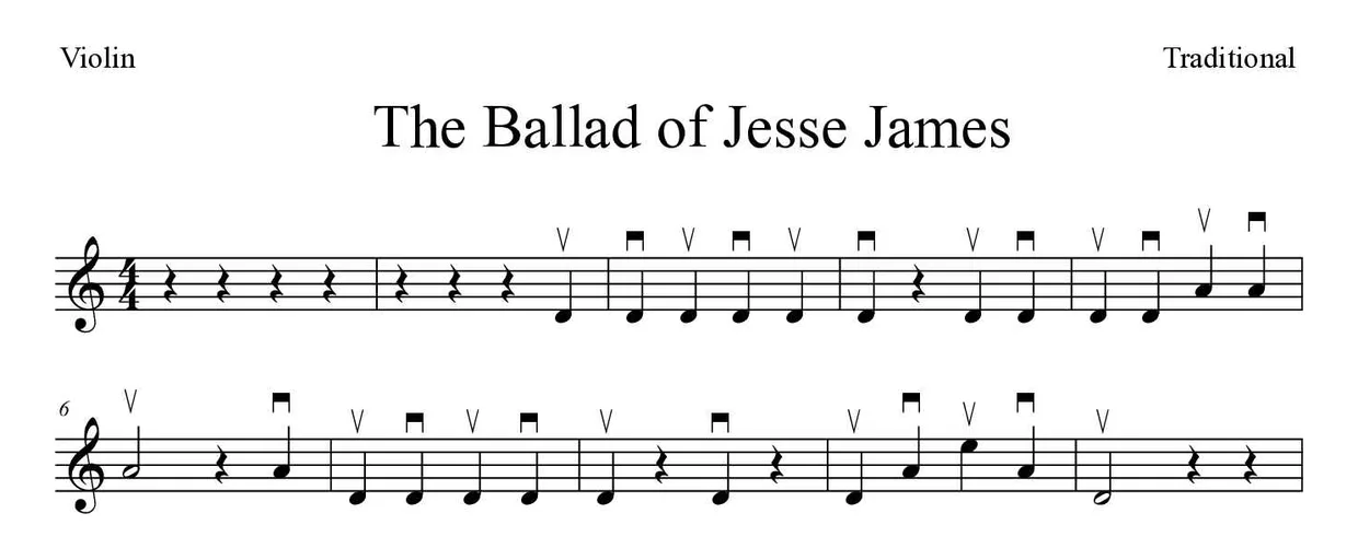 Sheet music of The Ballad of Jesse James for violin (Easy), first lines