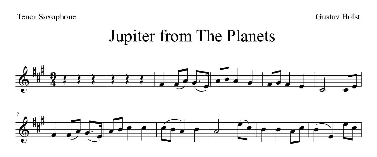 Partitura de Jupiter from The Planets para saxofón tenor, primeras líneas