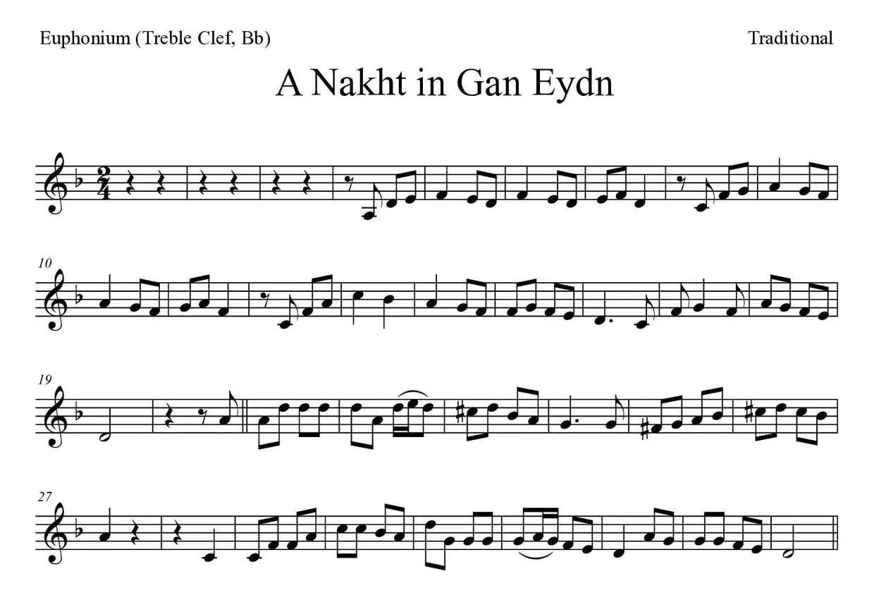 Sheet music of A Nakht in Gan Eydn for euphonium (treble clef, Bb) (Hard), first lines