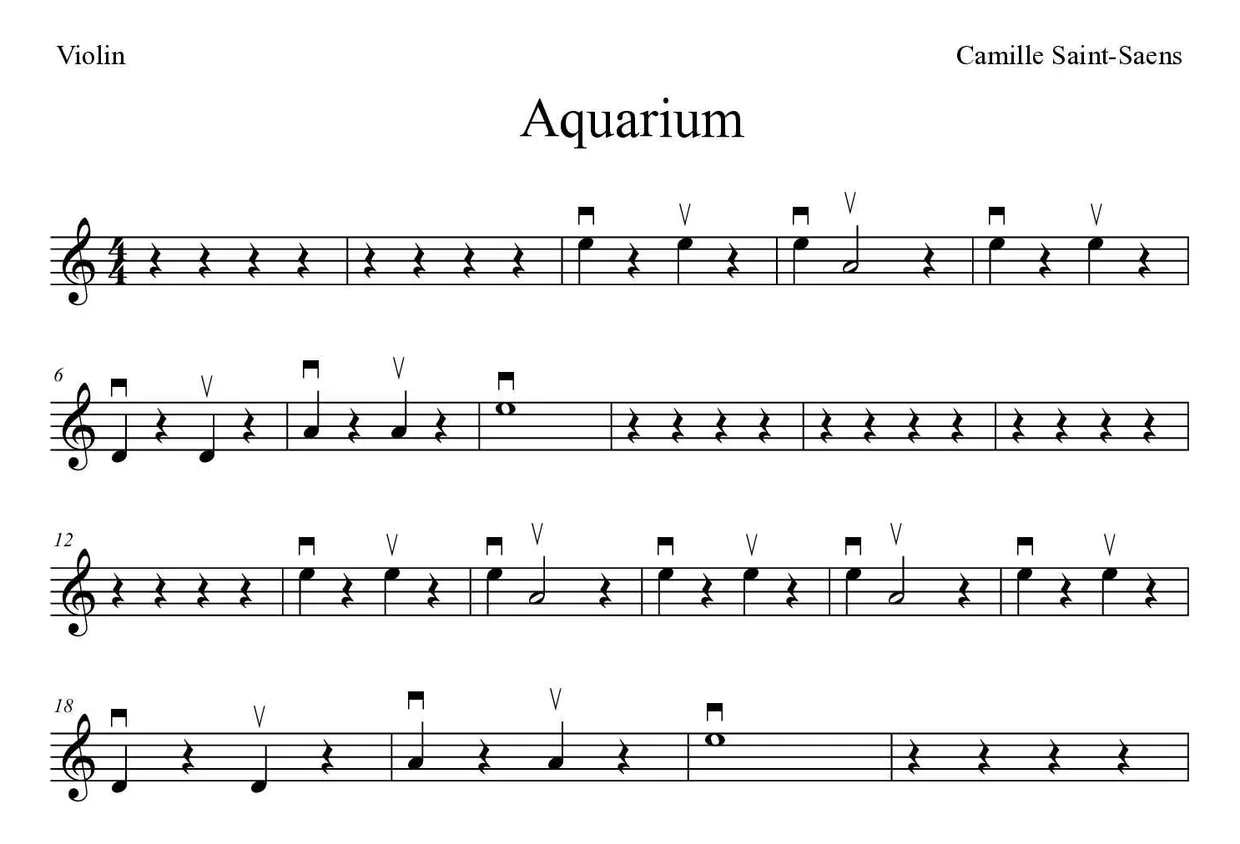 Partitura de Aquarium para violín, primeras líneas