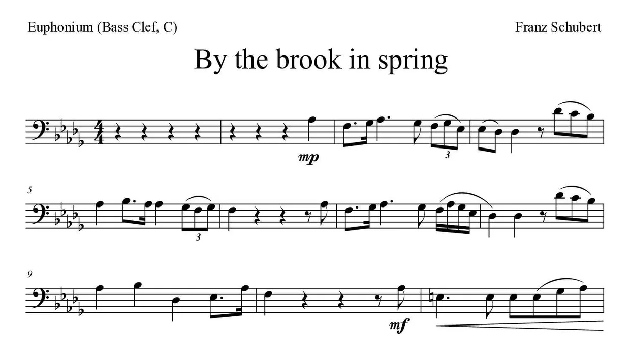 《By the brook in spring》上低音号（低音谱号，C）乐谱前几行
