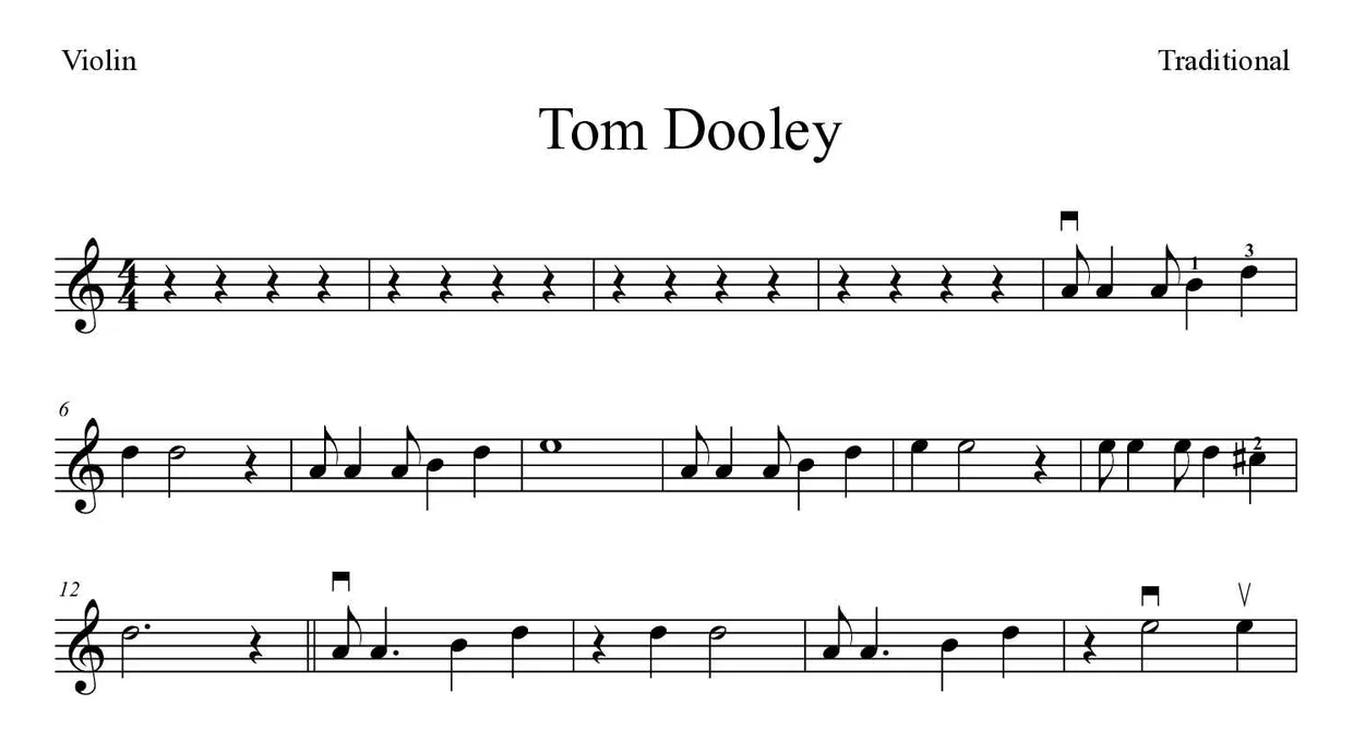 「Tom Dooley」Violin用楽譜の最初の数段