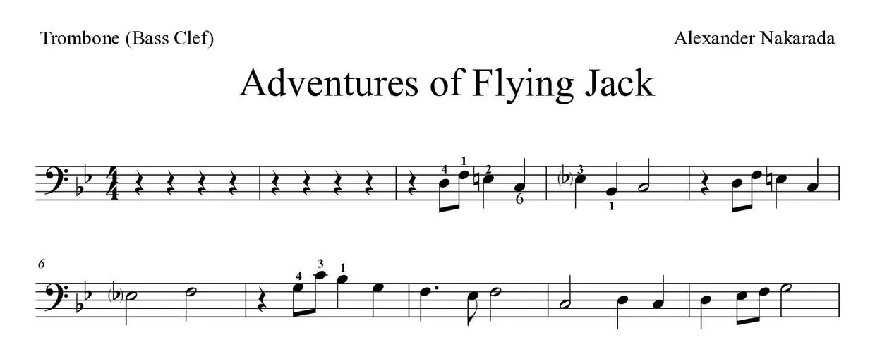 ‘Adventures of Flying Jack’ Trombone 악보의 첫 몇 줄