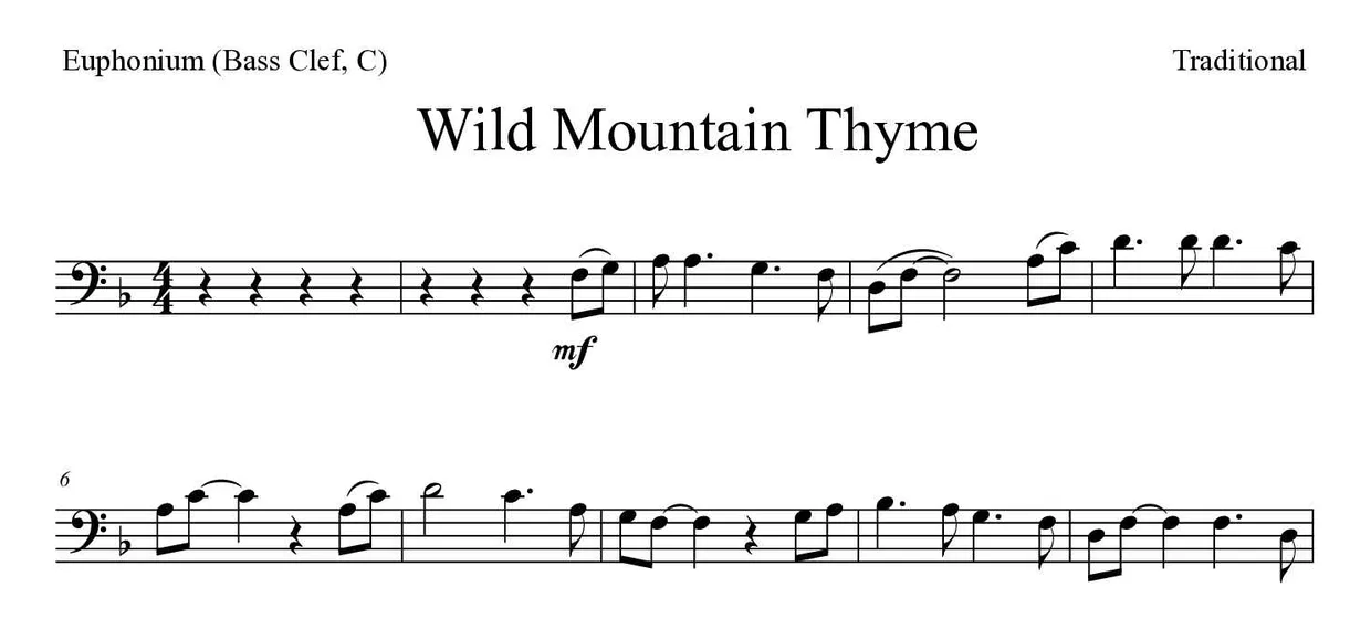 Partition de Wild Mountain Thyme pour euphonium (clé de fa, do), premières lignes