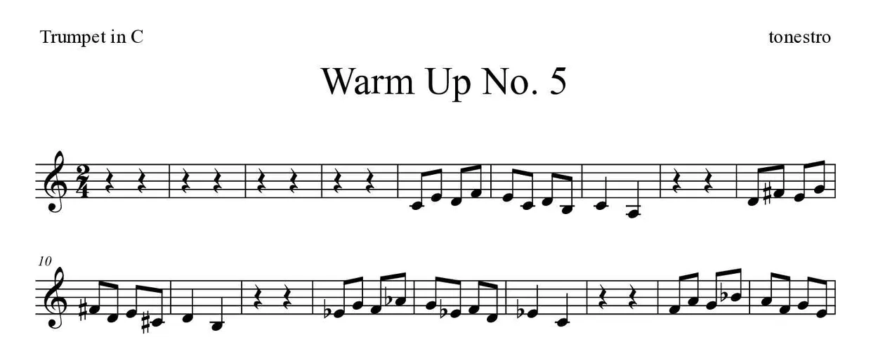 Partitura de Warm Up No. 5 para trompete em Do, primeiras linhas