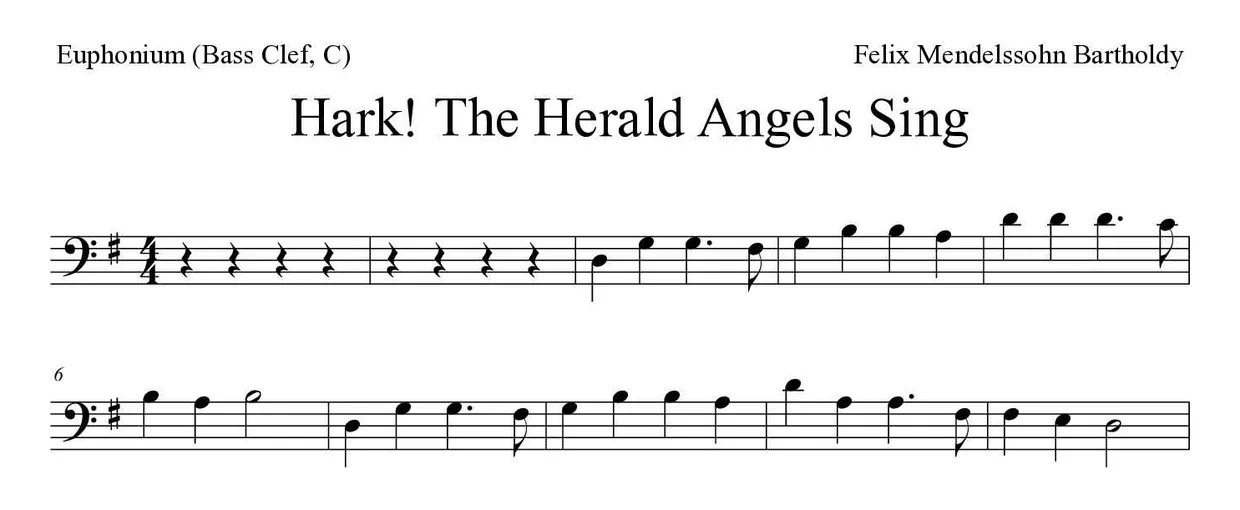 Partitura de Hark! The Herald Angels Sing para bombardino (clave de Fa, C), primeras líneas