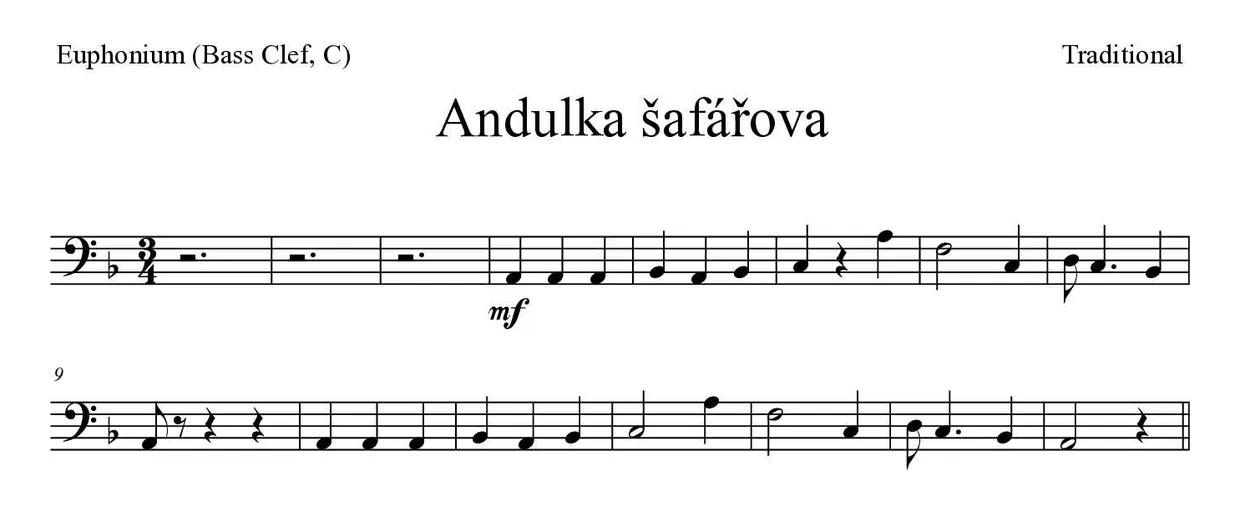Sheet music of Andulka šafářova for euphonium (bass clef, C) (Medium), first lines