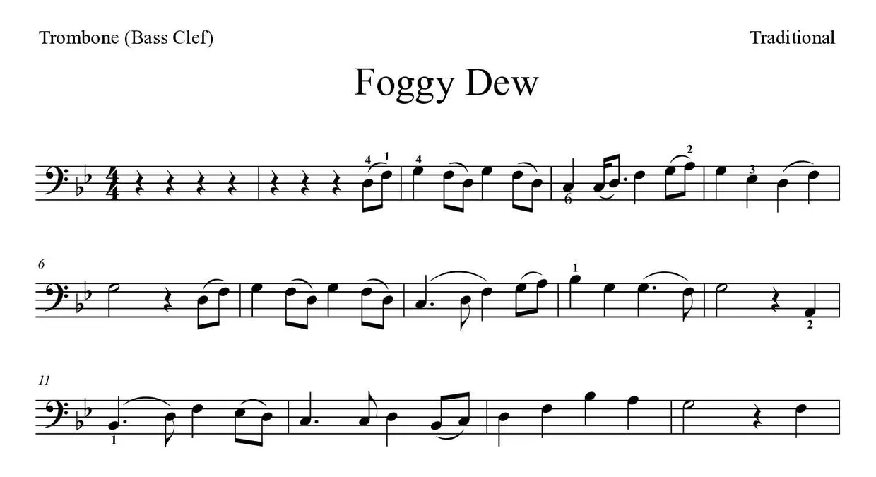 Sheet music of Foggy Dew for trombone (Medium), first lines