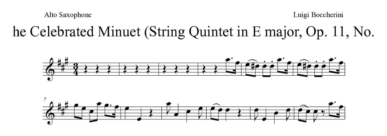 Spartito di The Celebrated Minuet (String Quintet in E major, Op. 11, No. 5) per alto saxophone, prime righe