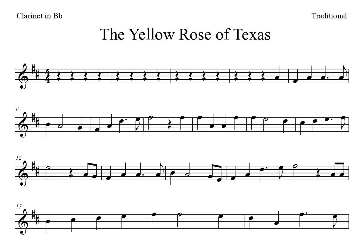 Spartito di The Yellow Rose of Texas per clarinet, prime righe