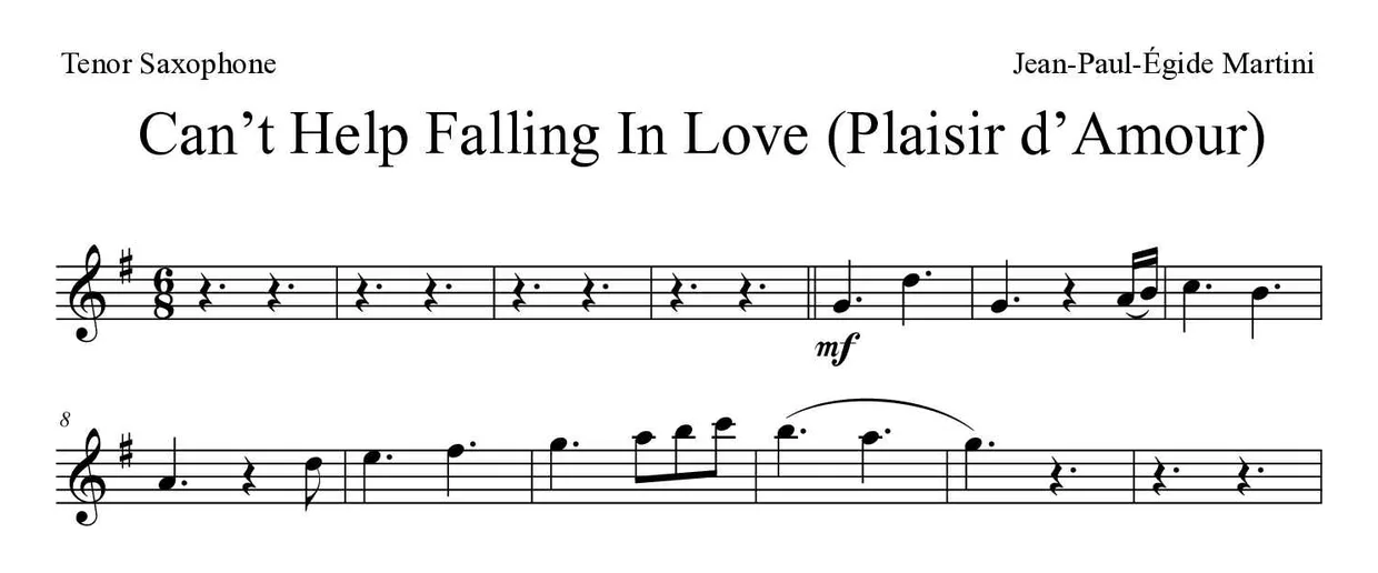 Spartito di Can’t Help Falling In Love (Plaisir d’Amour) per tenor saxophone, prime righe
