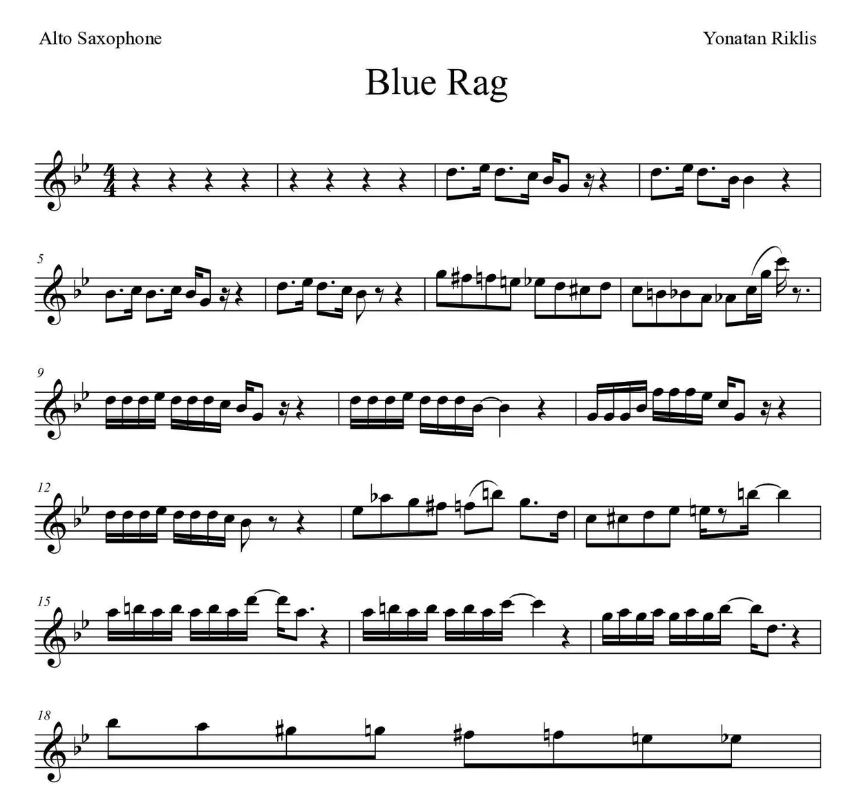 ‘Blue Rag’ Alto Saxophone 악보의 첫 몇 줄