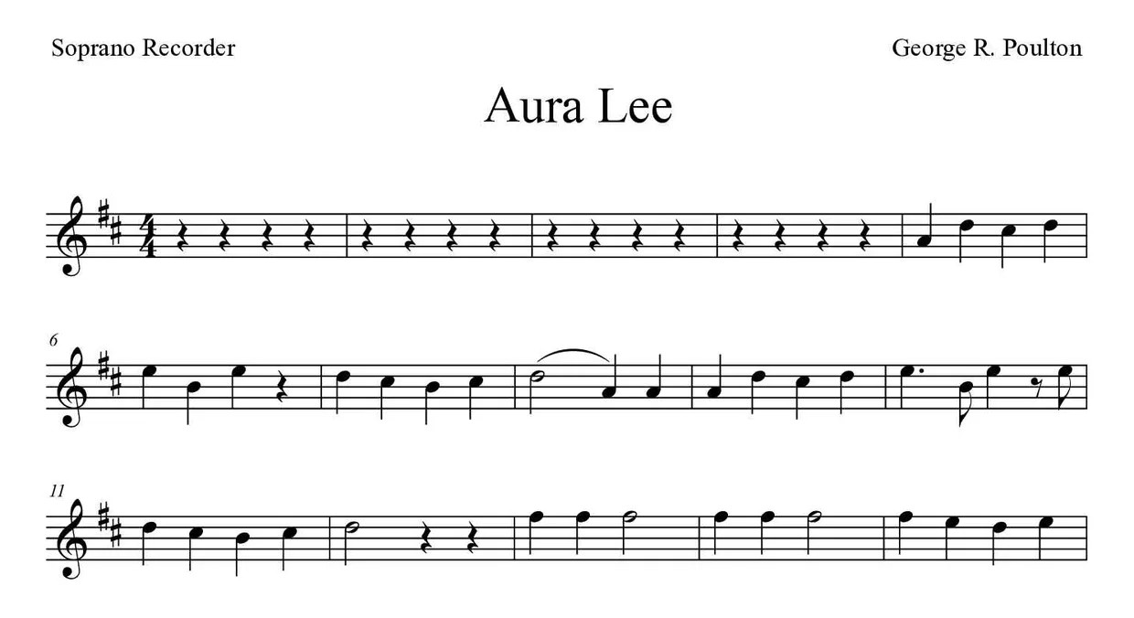 Sheet music of Aura Lee for recorder (Medium), first lines