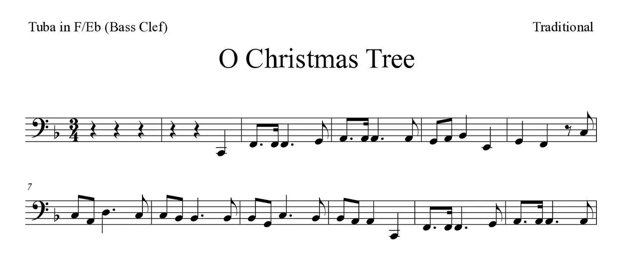 Sheet music of O Christmas Tree for tuba in F/Eb (bass clef) (Medium), first lines