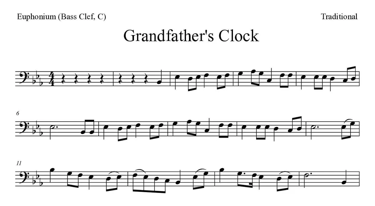 Partition de Grandfather's Clock pour euphonium (clé de fa, do), premières lignes