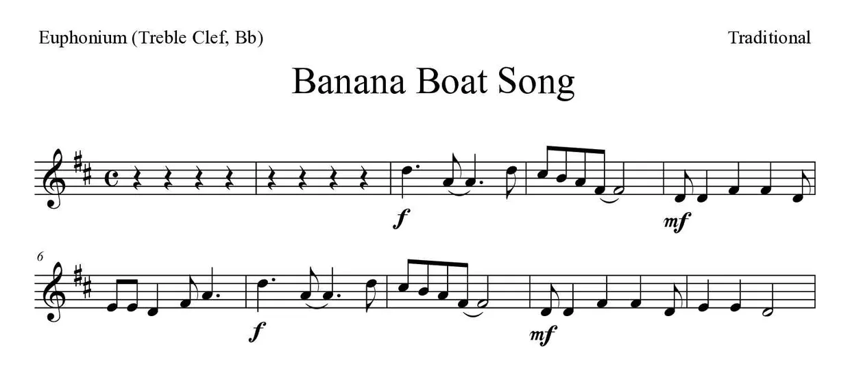 Partition de Banana Boat Song pour euphonium (clé de sol, si bémol), premières lignes