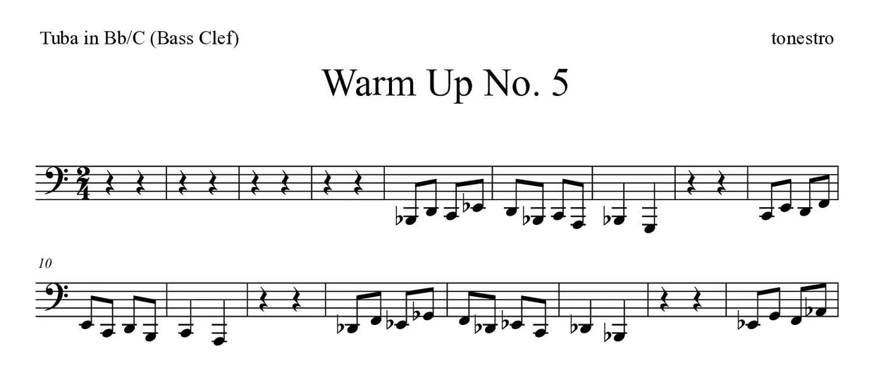 Partitura de Warm Up No. 5 para tuba en Sib/Do (clave de Fa), primeras líneas