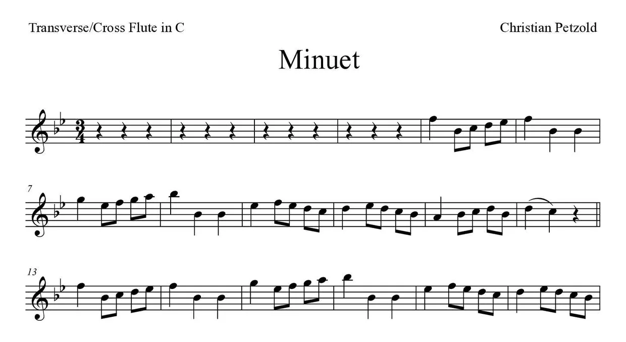 Noten von Menuett für Querflöte (Mittel), erste Zeilen