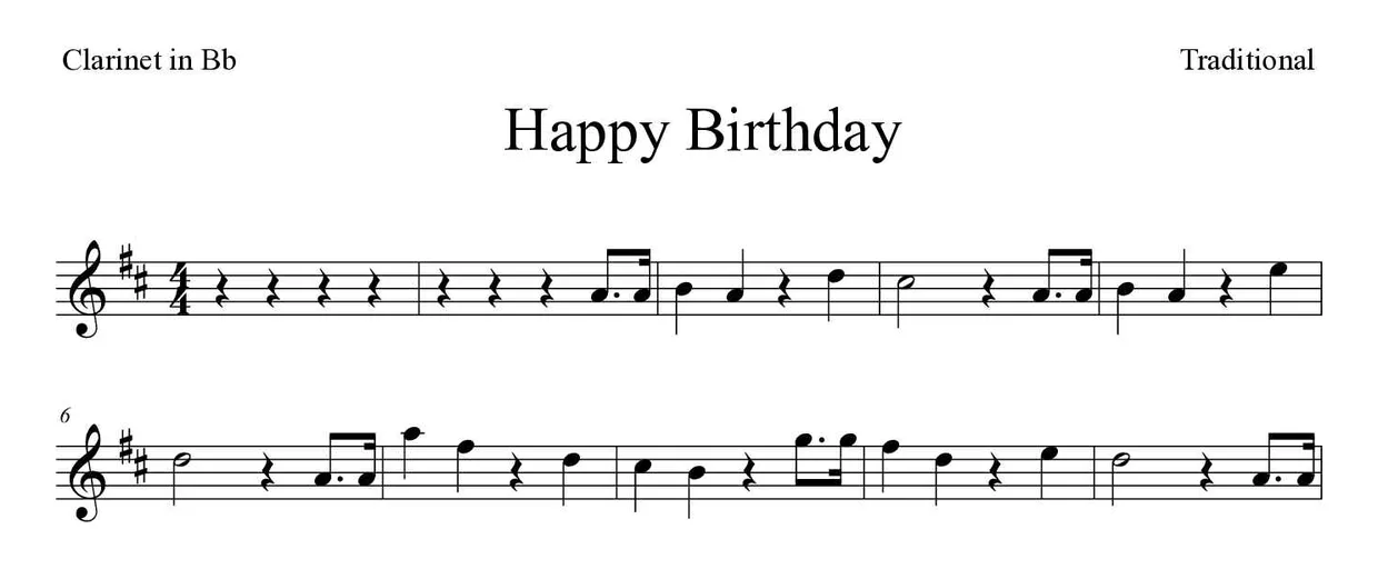 Sheet music of Happy Birthday for clarinet (Hard), first lines